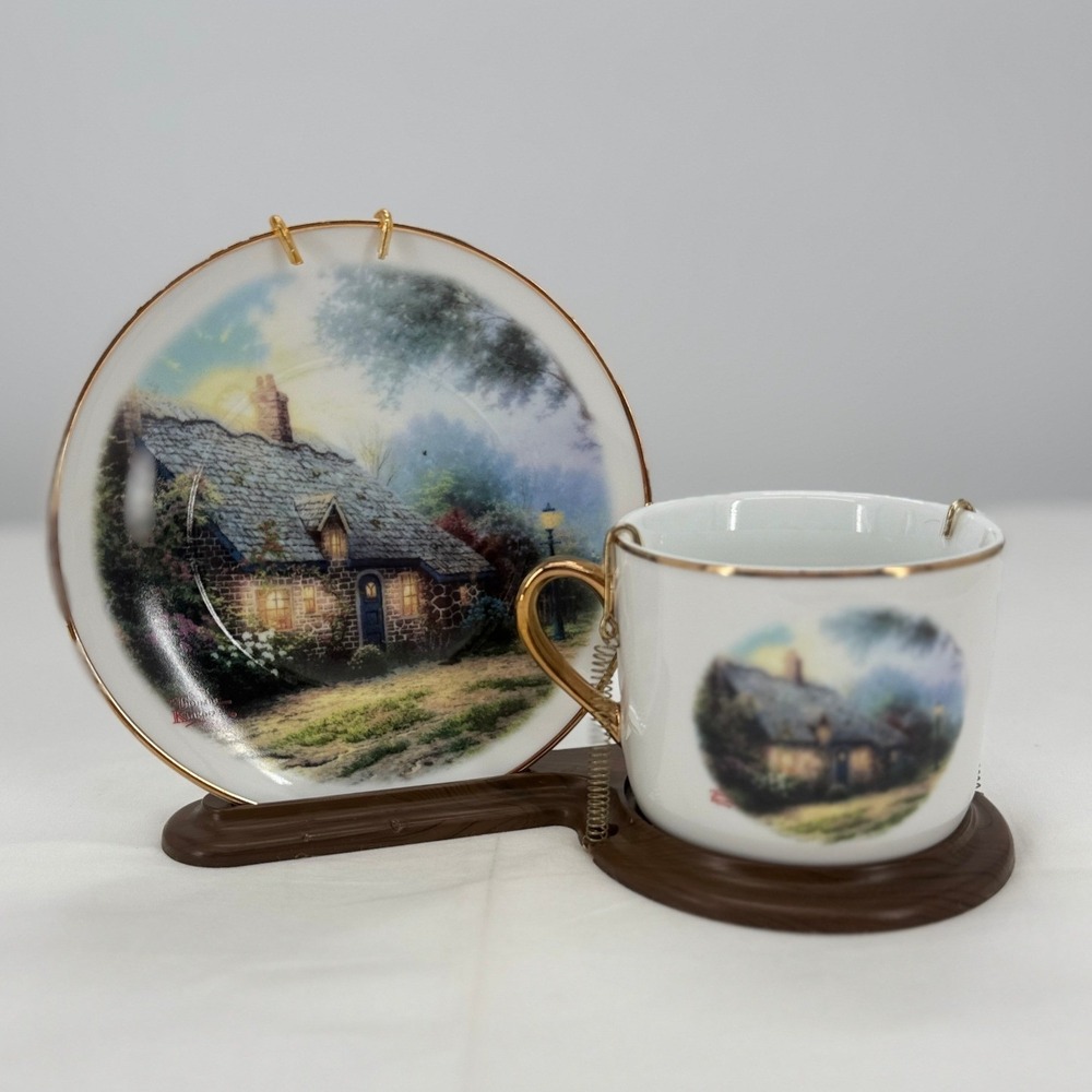 Thomas Kinkade Moonlight Cottage Teleflora Miniature Tea Cup Saucer Set Display
